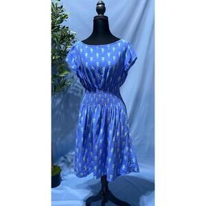 Kate Spade Seahorse Dress Smocked A Line Medium Blue Excellent Silk